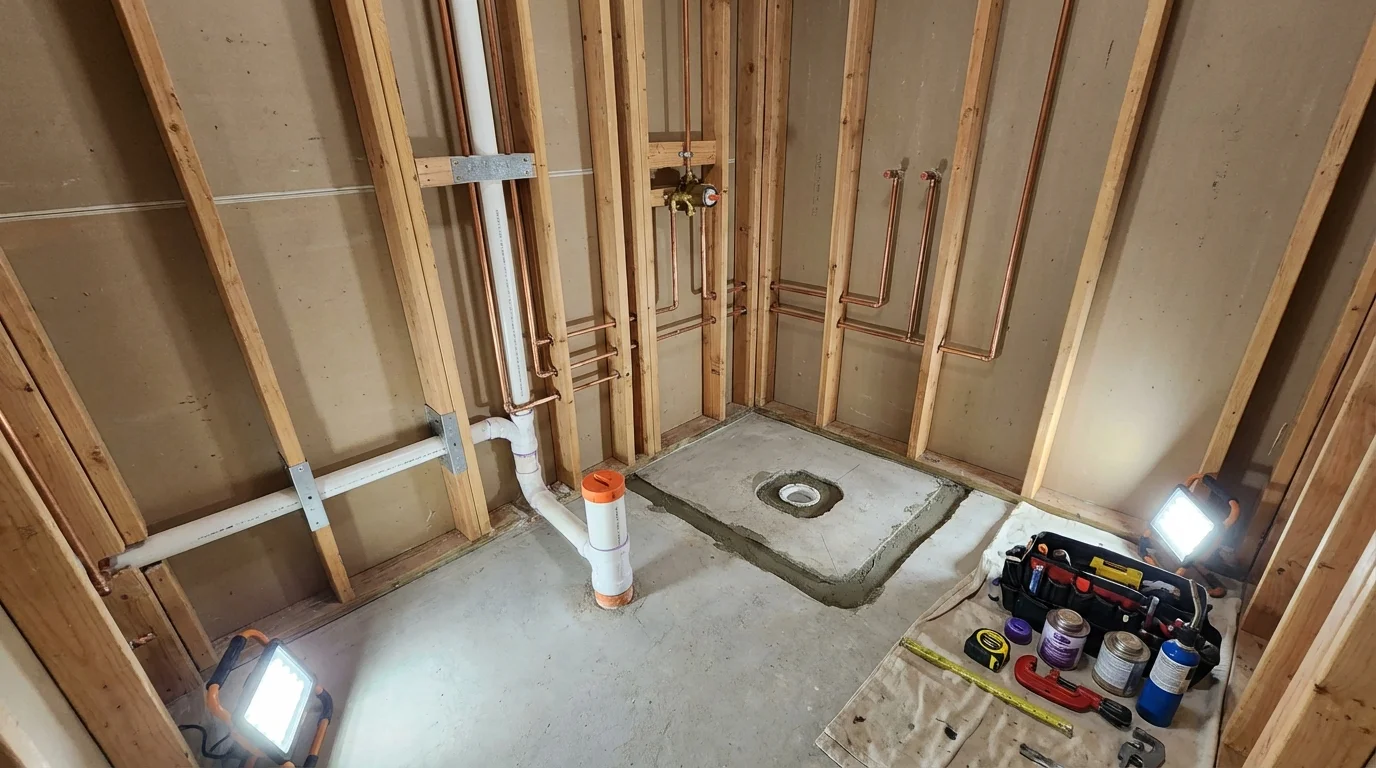 Bathroom rough-in plumbing during remodel by Johns Plumbing LLC in Kettleman City