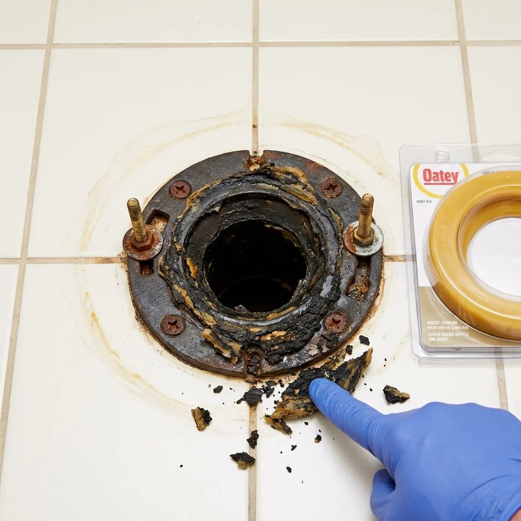 Failed wax ring showing water seepage at the base of a toilet in a Kettleman City, CA home