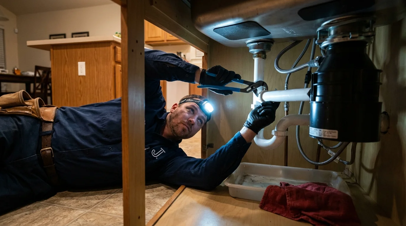 P-trap and supply line connections under a kitchen sink showing a common leak point in Kettleman City, CA